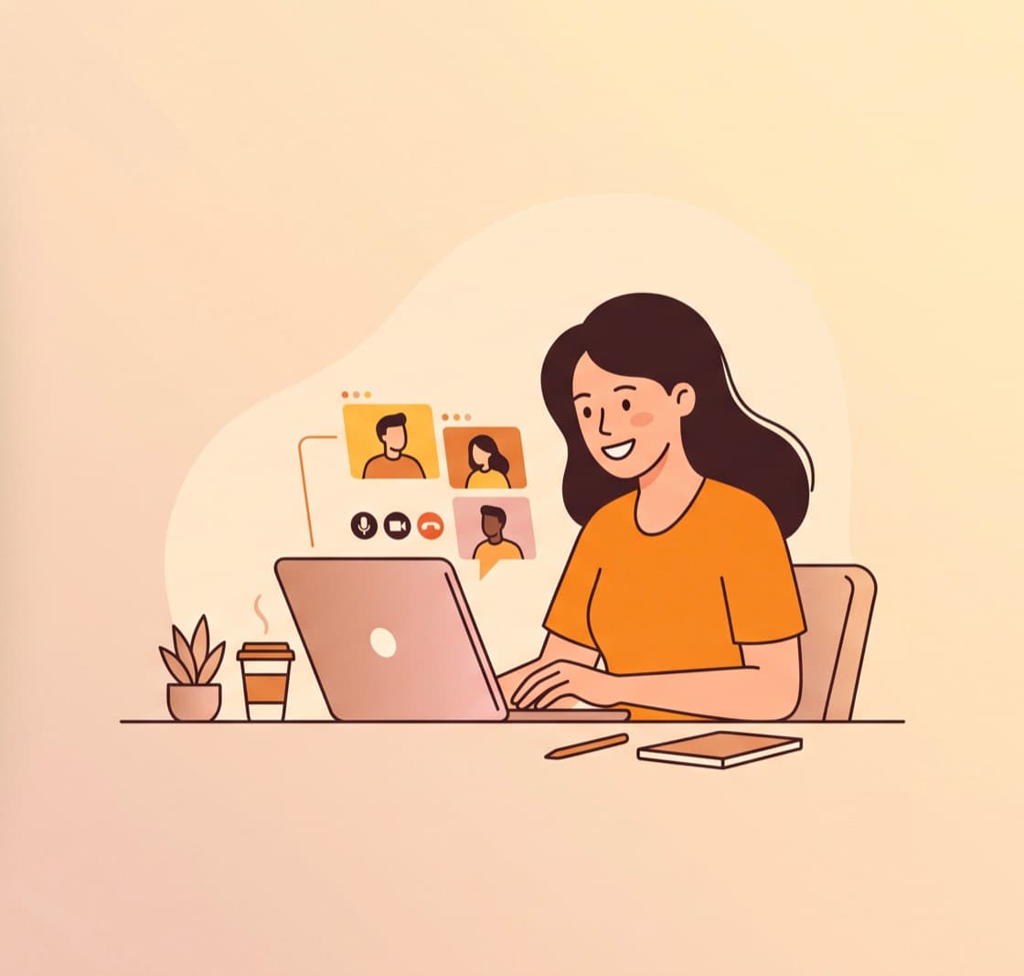 ノートパソコンでオンライン相談をする様子のイラスト